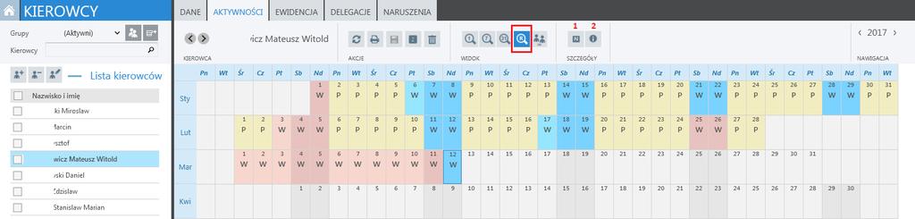 Legenda: - brak danych, brak jakichkolwiek informacji o aktywności - są dane o aktywnościach dla tego kierowcy, na podstawie odczytu karty / pojazdu - kompletne dane z karty kierowcy i z pojazdu -