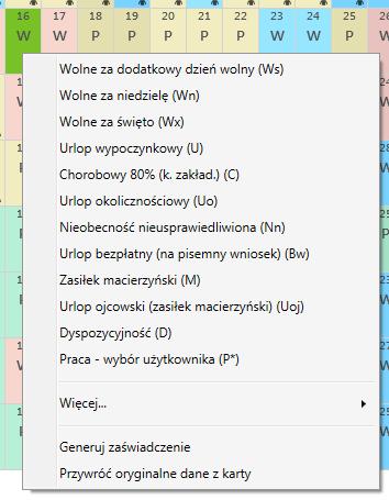 - [N] - w tym dniu wystąpiły naruszenia - znacznik pobierania danych (z karty kierowcy) Na kalendarzu rocznym wprowadzamy po kliknięciu prawym klawiszem myszy na wybranym dniu mamy do wyboru szereg