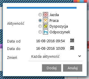 9.6 Dodawanie i edycja aktywności Klikając na wykresie aktywności możemy dodać aktywność kierowcy: Nowe zdarzenia zostaną nałożone na istniejące aktywnosci.