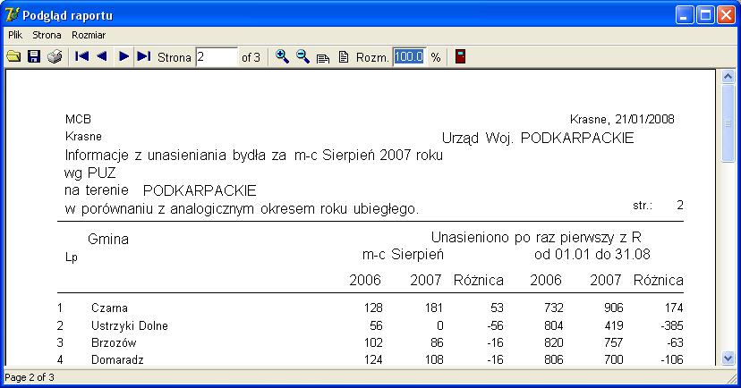 na końcu każdego zestawienia jest wydrukowane podsumowanie: Kolumny z liczbami ujemnymi
