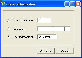 Ostatnich kartotek liczba domyślnie ustawiona na 1000 i spełniająca po Zatwierdź warunek przeglądania ostatnich 1000 kartotek; Kartoteka 6 znakowy kod inseminatora, 4 znakowy numer kartoteki i