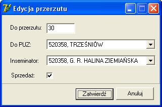 Po wyborze funkcji edytuj na ekranie do wprowadzania przerzutu jest wyświetlone dodatkowe pole z opisem Sprzedaż. Jeżeli przerzut nasienia jest na terenie własnym pole to pozostaje nie oznaczone.