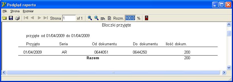 Drukuj Funkcja umożliwia podgląd i wydruk dwóch rodzajów raportów: Przyjęte wydruk bloczków przyjętych: w podanym dniu, w podanym zakresie dat lub wszystkich (jeżeli nie podano daty przyjęcia).