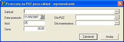 wprowadzić, wybierając z listy: Zakład wybór ze słownika, w którym są wyświetlone zakłady Spółki, do których można wykonać przerzut Dla PUZ wybór z listy PUZ dla wcześniej