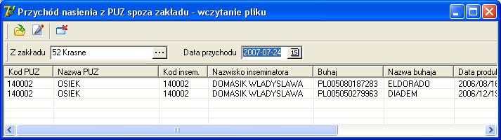 inseminatora (otrzymujący) oraz numer buhaja i data produkcji.