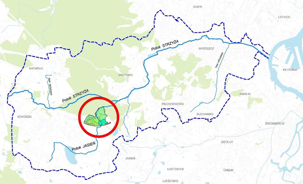 Gospodarowanie wodami opadowymi 2350 obszar planu położony w zlewni Potoku Strzyża - na terenach inwestycyjnych ustalono ograniczenie współczynnika spływu do wielkości jak w stanie istniejącego