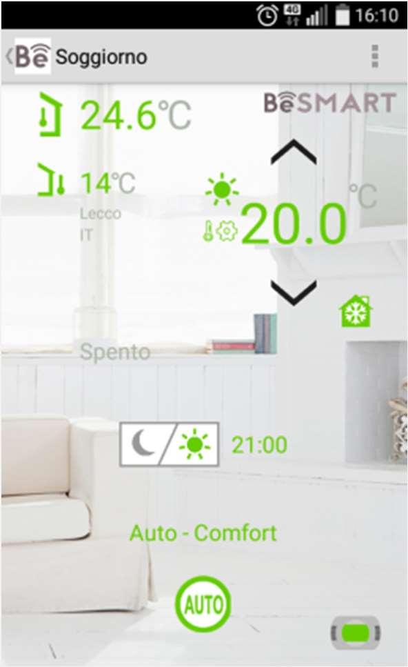 Opis strony termostatu BeSMART Przycisk Wstecz, aby powrócić do poprzedniej strony Temperatura otoczenia wykrywana przez termostat BeMART Temperatura zewnętrzna pobrana ze strony www lub z