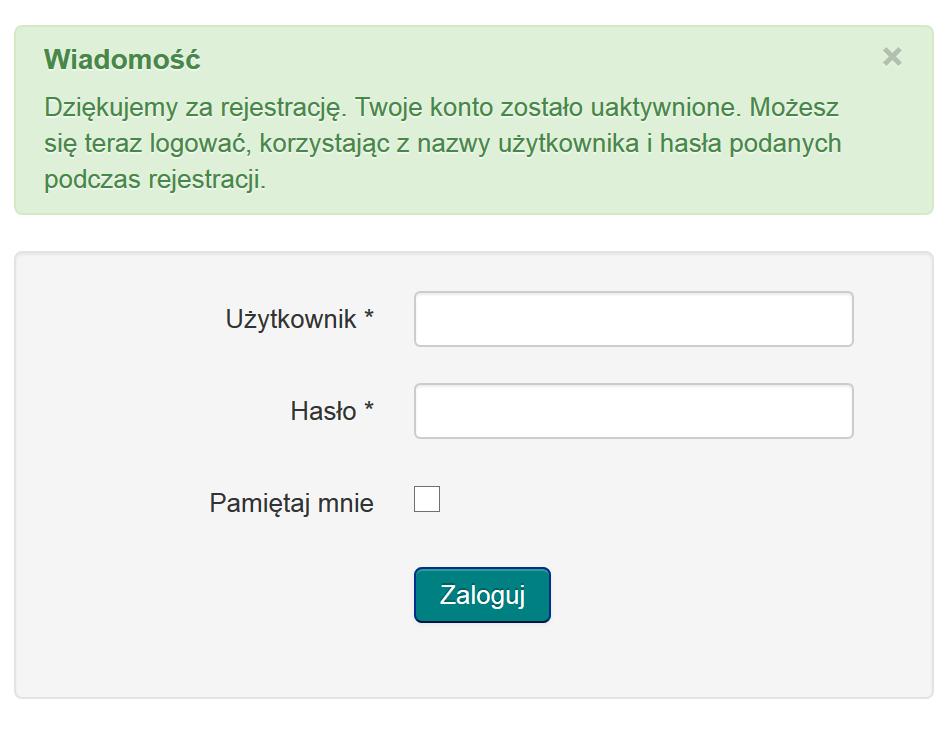 7. Po kliknięciu na link strona powinna wyświetlić taki komunikat