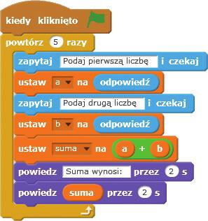 1.1. Zapisywanie algorytmów na liczbach naturalnych w języku Scratch powtórz powtórz powtórz Ćwiczenie 2. Stosujemy polecenie powtórz 1. Otwórz program Obliczenia1 zapisany w ćwiczeniu 1. 2. Odszukaj w panelu poleceń element reprezentujący polecenie powtórz.