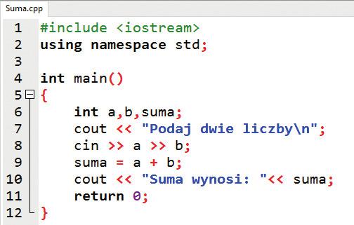 1.3. Wprowadzenie do programowania w języku C++ Operator Działanie Przykład instrukcji przypisania + suma = a + b; roznica = a b; * iloczyn = a * b; / iloraz = a / b; % reszta = a % b;