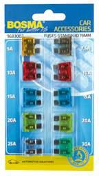 PACK. SYSTEM 5A, 7,5A, 2x10A, 2x15A, 2x20A, 25A, 30A 2591 9683002 BLISTER 10PCS 1/100/1000 0,27 BLADE FUSE STANDARD 19 MM AMPERAGE (A) COLOUR CODE NO REF. EAN UNIT PACK.