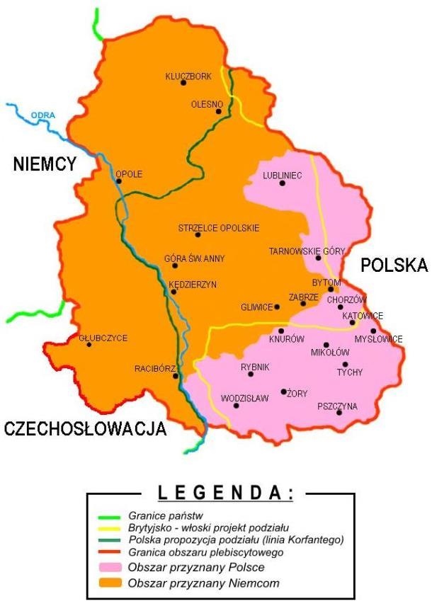 PODZIAŁ GÓRNEGO ŚLĄSKA 12.10.1921 r. Rada Ligi Narodów zdecydowała o podziale Górnego Śląska. Do Polski dołączono 29% obszaru plebiscytowego i 46% ludności.