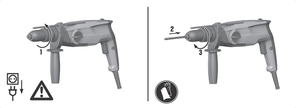5.4 Mocowanie/wyjmowanie narzędzia: Uchwyt trójszczękowy TE 3-M 5.5 5.6 Umieścić narzędzie w uchwycie trójszczękowym lub wyjąć je z uchwytu.