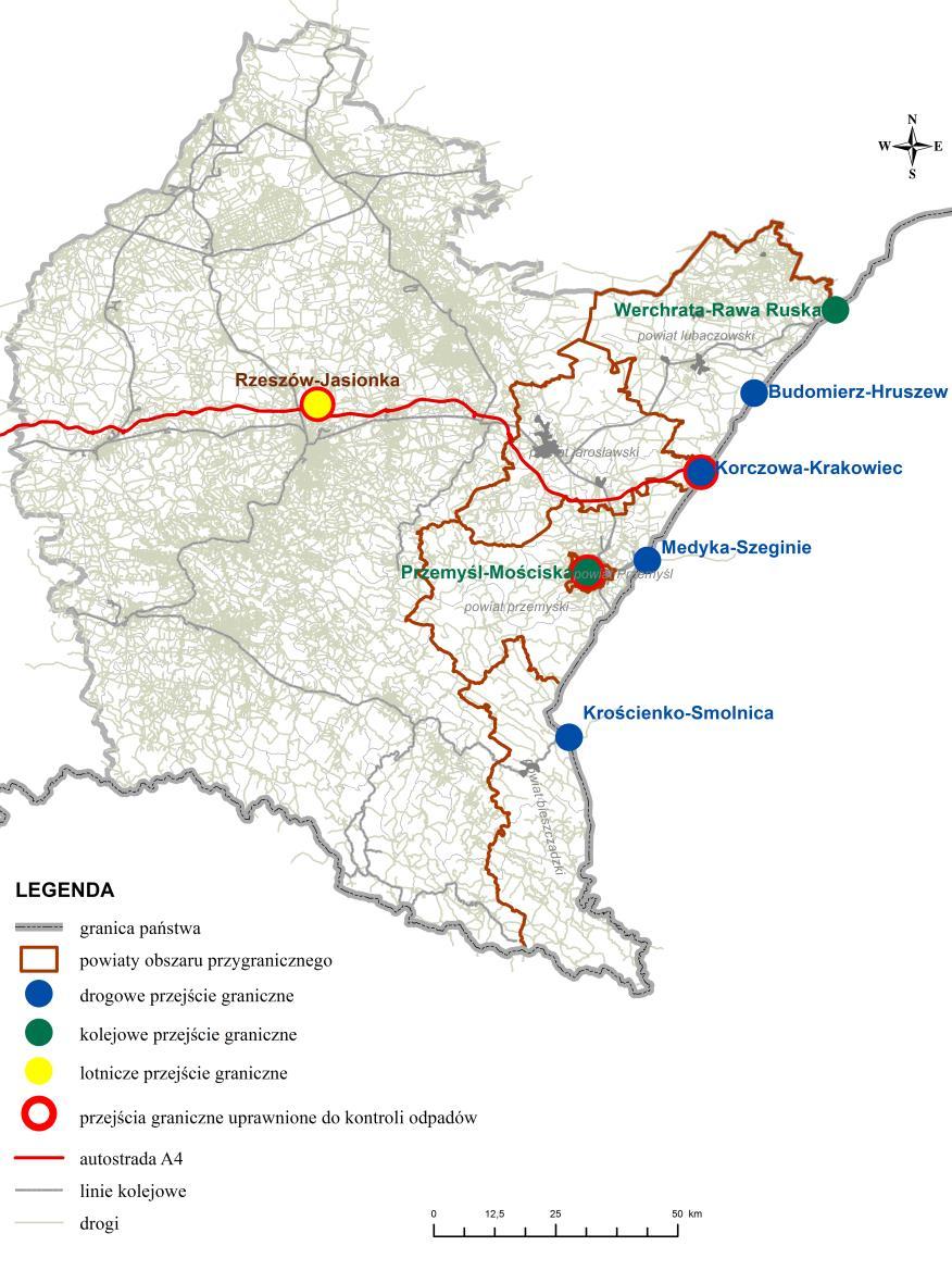 Rys. 7.1. Rozmieszczenie przejść granicznych; województwo podkarpackie 2016 r.