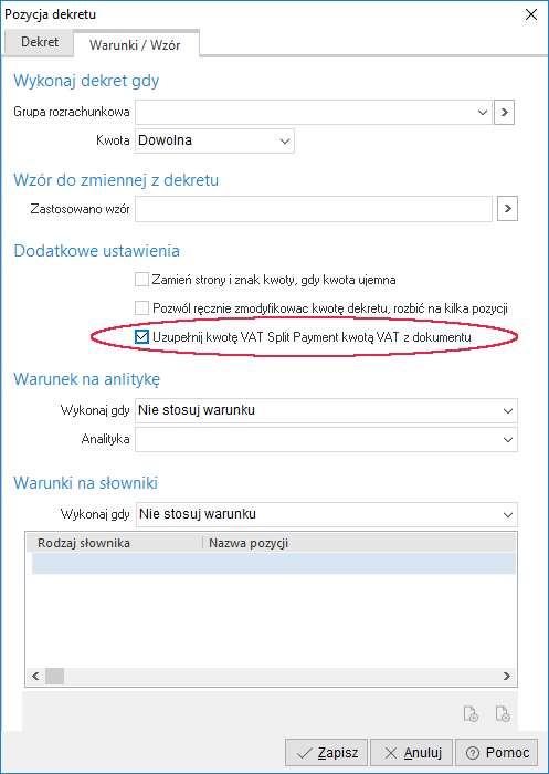 Dodano parametr umożliwiający wprowadzenie kwoty VAT do rozrachunków dla dokumentów wchodzących z kont (sprzedaż, zakup): Dokumenty - Definicje dekretów - Parametr na pozycji dekretu (sprzedaż,
