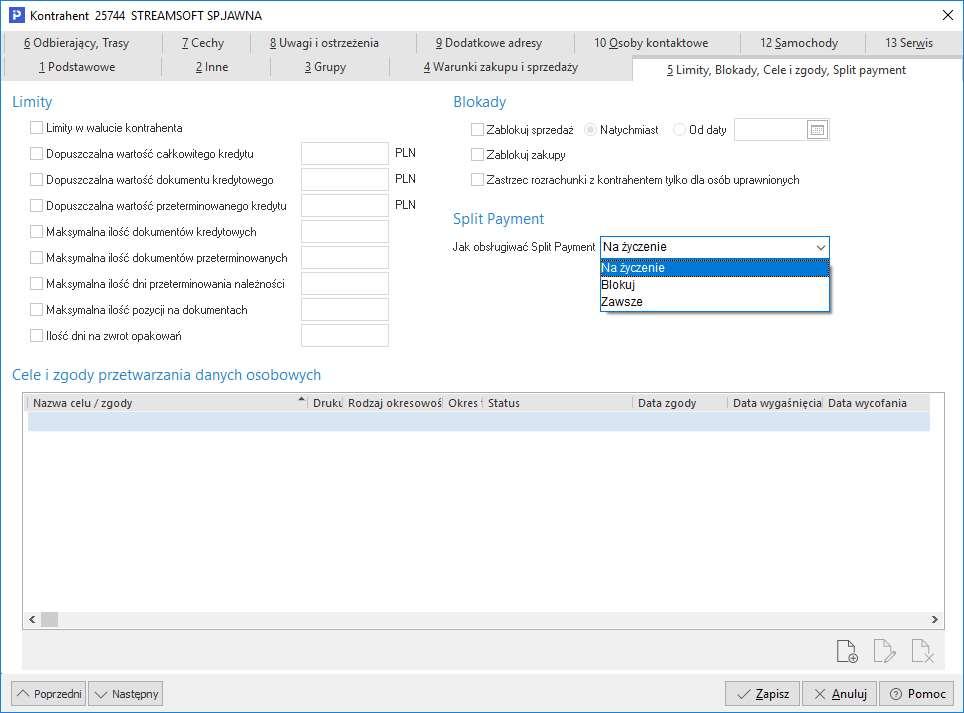2. Kontrahenci Na oknie edycyjnym, zakładce 5 Limity, Blokady, Cele i zgody, Split payment dodano parametr Jak obsługiwać Split payment z możliwością wyboru opcji: Na życzenie, Blokuj lub Zawsze.