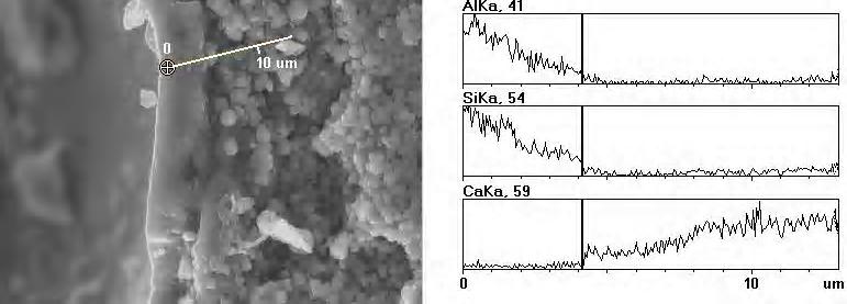 74 W. ichór Fig. 3. SE observation and X-ray linescans trace of l, Si and a across the interfacial transition zone between autoclaved cement paste and cenosphere (E1) Rys. 3. Strefa kontaktowa zaczyn cementowy-mikrosfera oraz analiza liniowego rozmieszczenia wybranych pierwiastków dla autoklawizowanej próbki cementowej (E1) Fig.