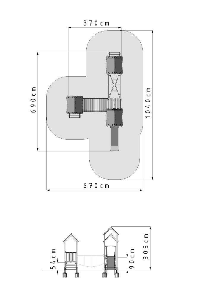 Wymiary urządzenia : 6,9 x 3,7 m Wysokość urządzenia: 3,1 m. Maksymalna wysokość upadku: 0,9 m.