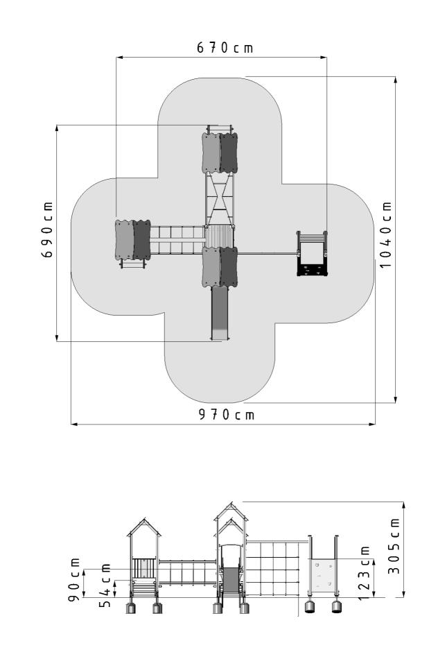 ZESTAW KACPER numer katalogowy: 107 Wymiary urządzenia : 6,9 x 6,7 m Wysokość urządzenia: 3,1 m. Maksymalna wysokość upadku: 1, m.