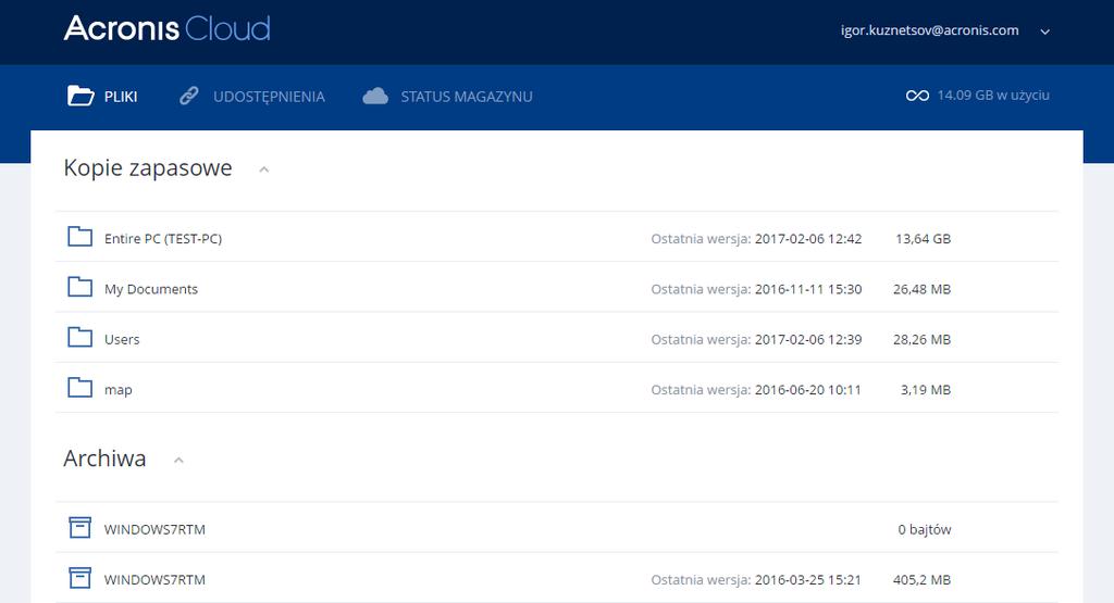 4.4 Odzyskiwanie danych w chmurze za pomocą dowolnego urządzenia Wybrane pliki i foldery można odzyskać z kopii zapasowej online przechowywanej w magazynie Acronis Cloud.