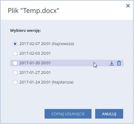 2. Wybierz plik, kliknij ikonę koła zębatego znajdującą się po prawej stronie pliku, a następnie kliknij Wyświetl wersje. 3. W wyświetlonym oknie wskaż odpowiednią wersję i kliknij ikonę Pobierz.