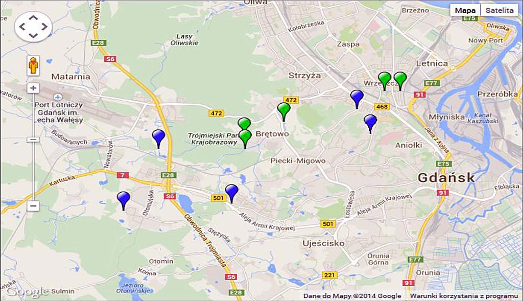 Rys. 5. Lokalizacja urządzeń pomiarowych w zlewni Potoku Strzyża [http://anywhere.hydranet.pl/obs/gdansk/melioracje] Fig. 5. Location of monitoring gauges in the Strzyża Creek catchment [http://anywhere.