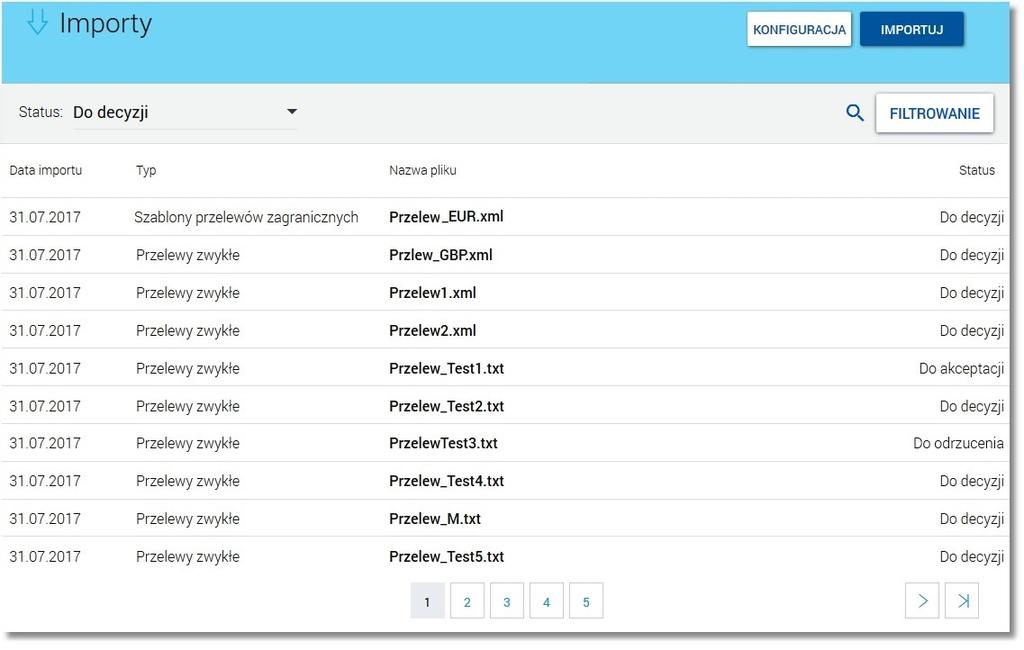 Rozdział 6 Lista zaimportowanych przelewów/szablonów przelewów W polu Status użytkownik ma możliwość sortowania importów poprzez wybór następujących