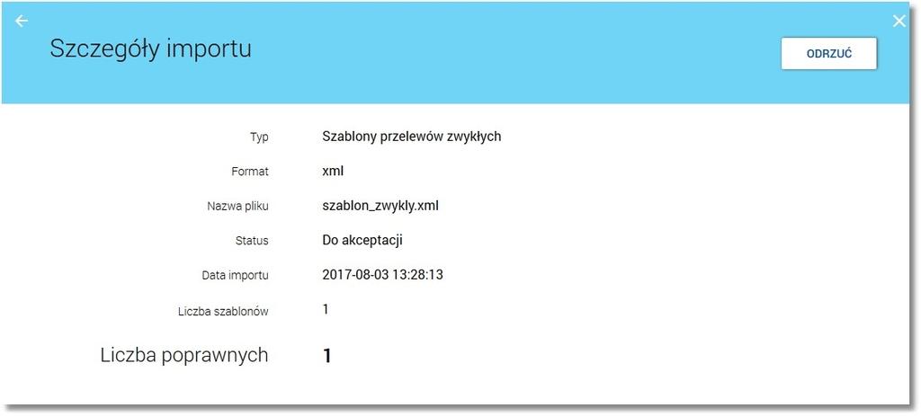 Rozdział 6 Lista zaimportowanych przelewów/szablonów przelewów Format - format importu: xml, liniowy, elixir (w przypadku przelewu zwykłego, szablonu przelewu zwykłego), Status - status importu: Do