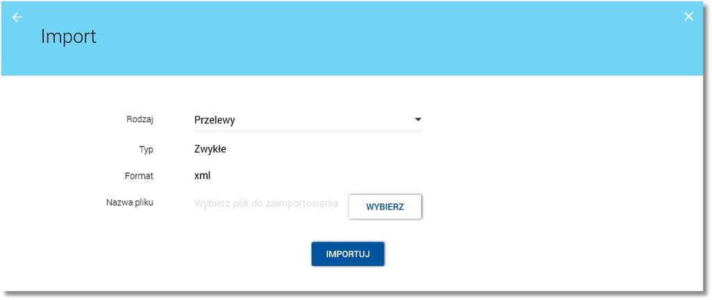 Rozdział 7 Proces importu przelewów/szablonów przelewów Używając przycisku [WYBIERZ] należy wskazać lokalizację i nazwę pliku do importu, przycisk [ZMIEŃ] umożliwia zmianę wcześniej wybranego pliku