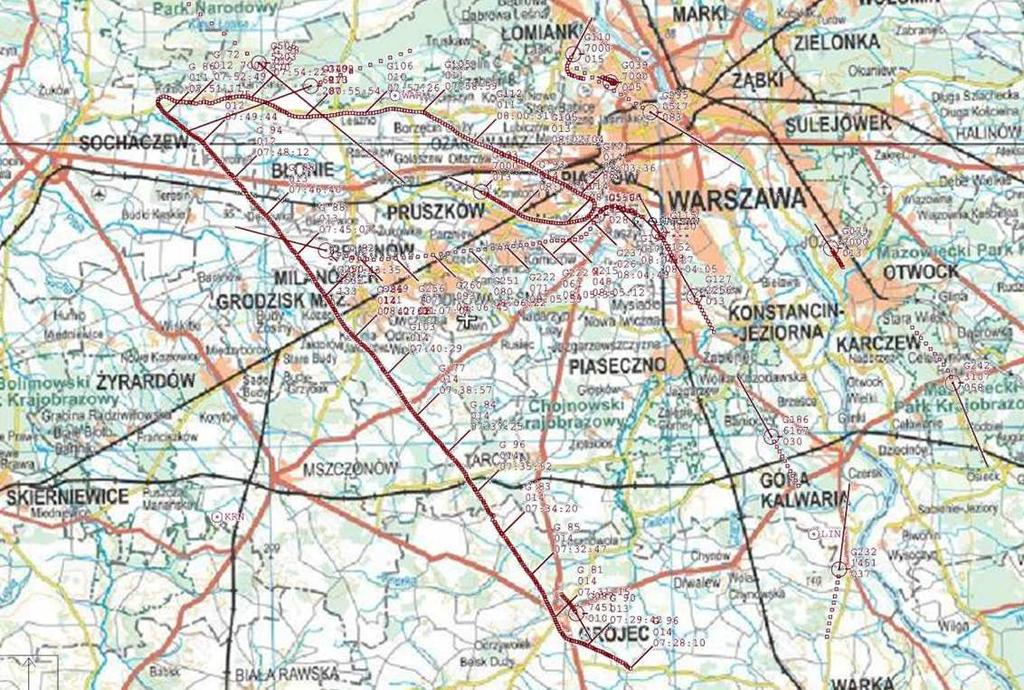 Poniżej przedstawiony jest rzeczywisty przebieg trasy lotu SP-ENS od miejscowości Grójec do momentu zdarzenia na podstawie zapisu radarowego dostarczonego przez PAŻP i nałożonego na mapę tej samej