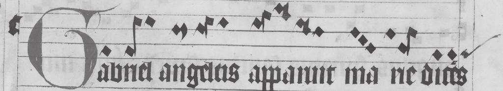 O notacjach muzycznych w antyfonarzu tynieckim 205 Przykład 3b: Antyfonarz opata Mścisława, f. 1r Struktura i styl niektórych neum notacji antyfonarza i graduału są rzeczywiście tożsame.