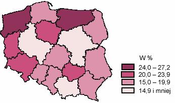 Rycina nr 49 Stopa bezrobocia według województw w 2005r. (stan w dniu 31. XII) Źródło: Rynek pracy w województwie warmińsko-mazurskim w 2005 r. Informacje i opracowania.