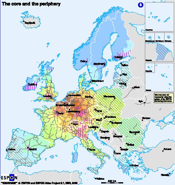 Rycina nr 28 Centra i peryferie w Unii Europejskiej Urząd Marszałkowski Województwa Warmińsko Mazurskiego Potencjał dostępności wynikający z posiadanej sieci drogowej w 2001r.