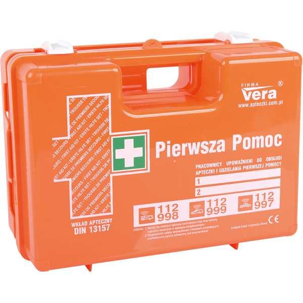 Przemysłowa apteczka pierwszej pomocy - TOP 10 PLUS 3 Apteczka pierwszej pomocy zawierająca bogate wyposażenie, ze stelażem mocującym do ściany. â wym.