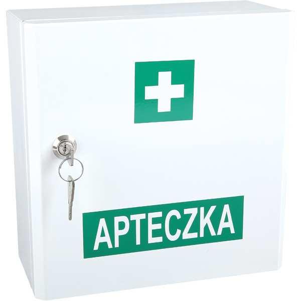 Apteczka VERA4 w szafce metalowej 2 Apteczka metalowa, zamykana na klucz. â wym. 25 x 25 x 12 cm Wyposażenie apteczki: â Opaska elastyczna 4 m x 6 cm 2 szt. â Opaska elastyczna 4 m x 8 cm 1 szt.
