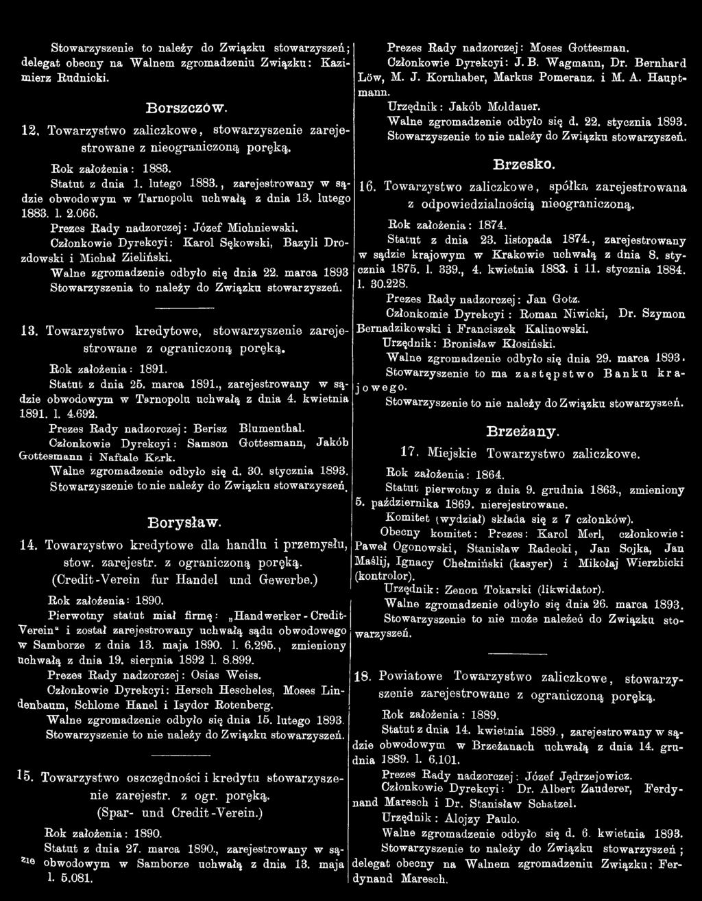 Członkowie Dyrekcyi: Karol Sękowski, Bazyli Drozdowski i Michał Zieliński. Walne zgromadzenie odbyło się dnia 22. marca 893 Stowarzyszenia to należy do Związku stowarzyszeń. 3.