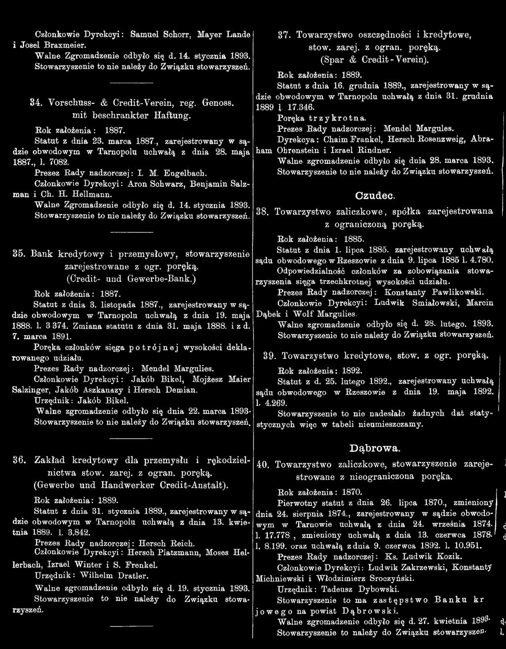 7. marca 89. Poręka członków sięga potrójnej wysokości deklarowanego udziału. Prezes Rady nadzorczej : Mendel Margulies.