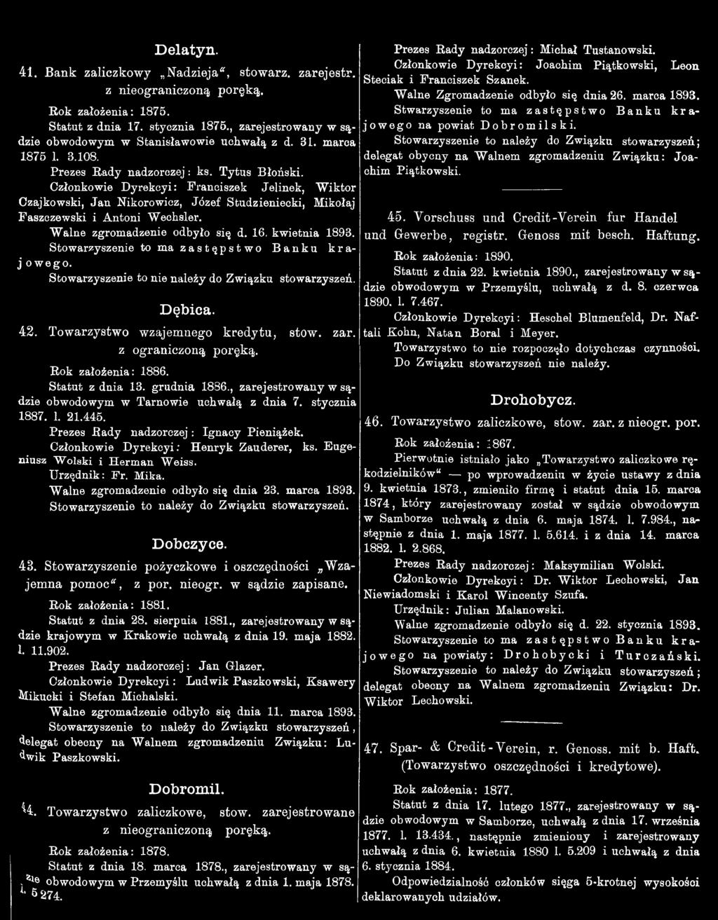 Walne zgromadzenie odbyło się d. 6. kwietnia 893. Stowarzyszenie to ma zastępstwo Banku kraj owego. Dębica. 42. Towarzystwo wzajemnego kredytu, stow. zar. z ograniczoną poręką. Rok założenia: 886.