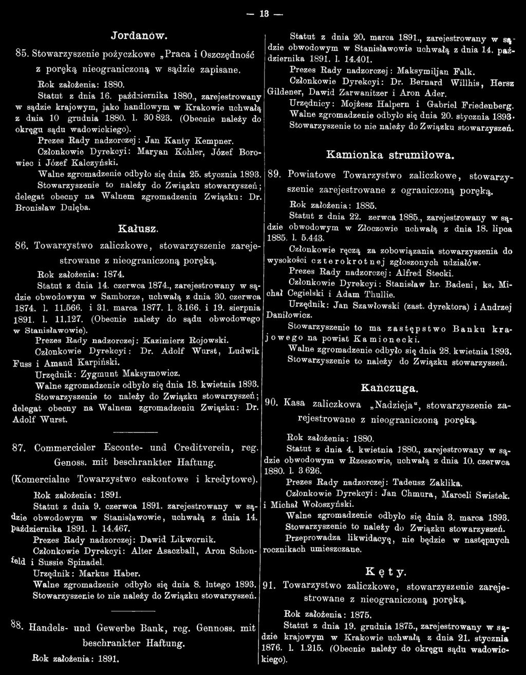 Członkowie Dyrekcyi: Maryan Kohler, Józef Borowiec i Józef Kalczyński. Walne zgromadzenie odbyło się dnia 25. stycznia 893. delegat obecny na Walnem zgromadzeniu Związku: Dr. Bronisław Dulęba. Kałusz.