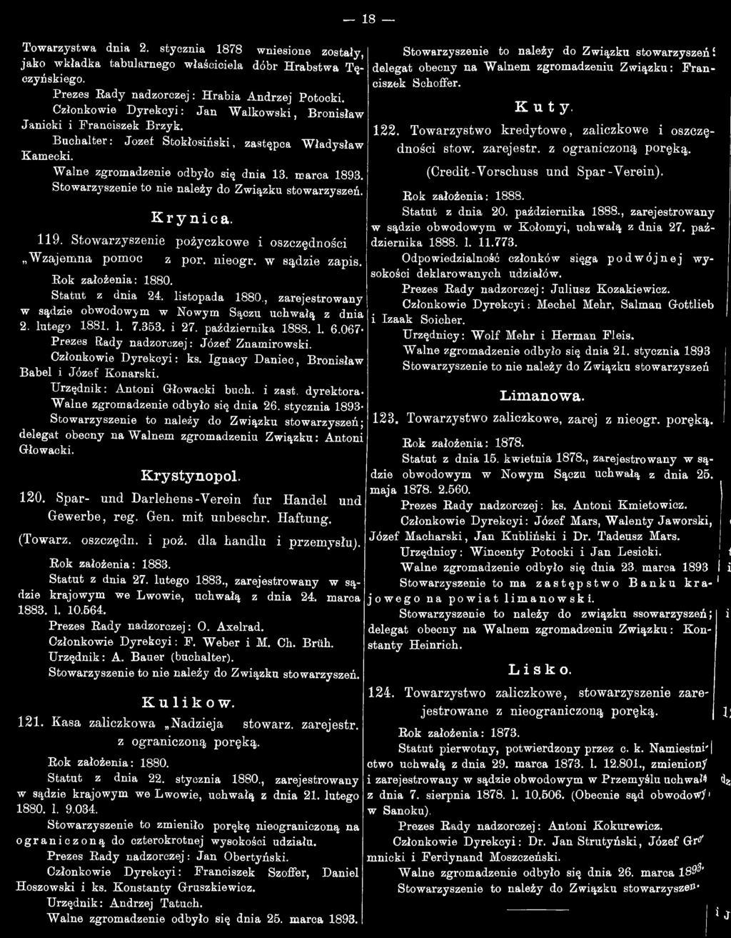 Ignacy Daniec, Bronisław Babel i Józef Konarski. Urzędnik: Antoni Głowacki buch. i zast. dyrektora* Walne zgromadzenie odbyło się dnia 26.