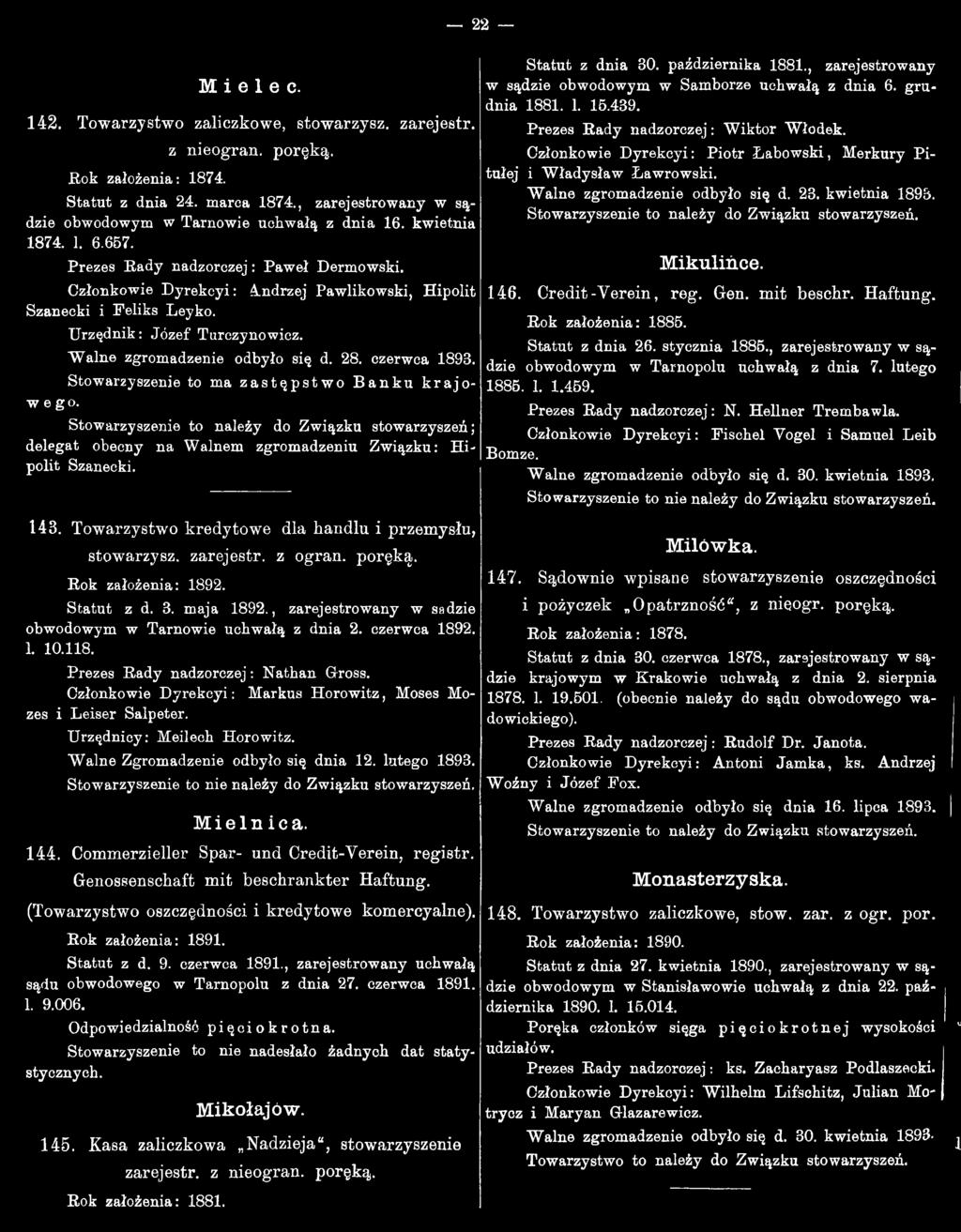 czerwca 892.. 0.8. Prezes Rady nadzorczej: Nathan Gross. Członkowie Dyrekcyi: Markus Horowitz, Moses Mozes i Leiser Salpeter. Urzędnicy: Meilech Horowitz. Walne Zgromadzenie odbyło się dnia 2.