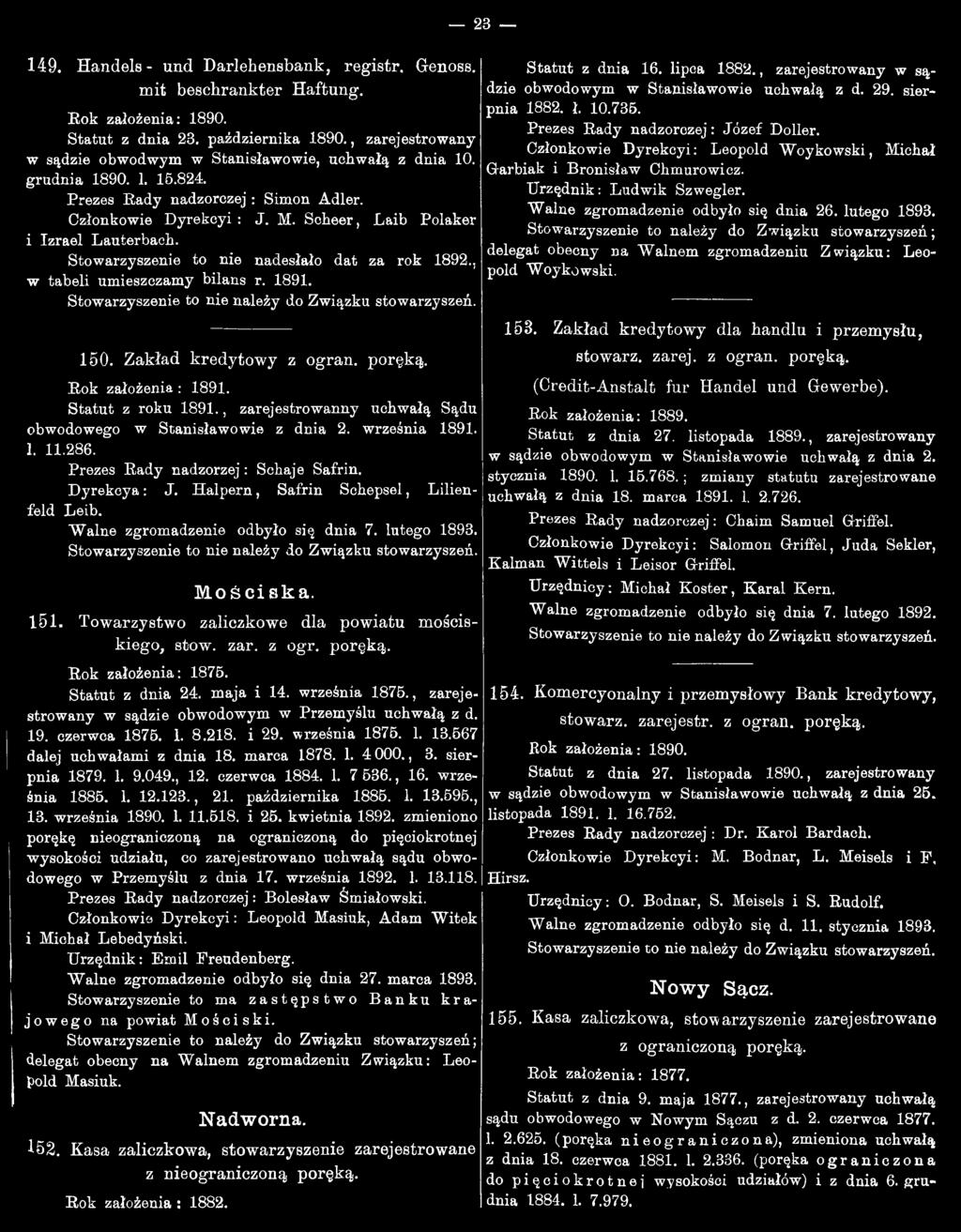 Walne zgromadzenie odbyło się dnia 7. lutego 893. Mościska. 5. Towarzystwo zaliczkowe dla powiatu mościskiego, stow. zar. z ogr. poręką. 23 Rok założenia: 875. Statut z dnia 24. maja i 4.