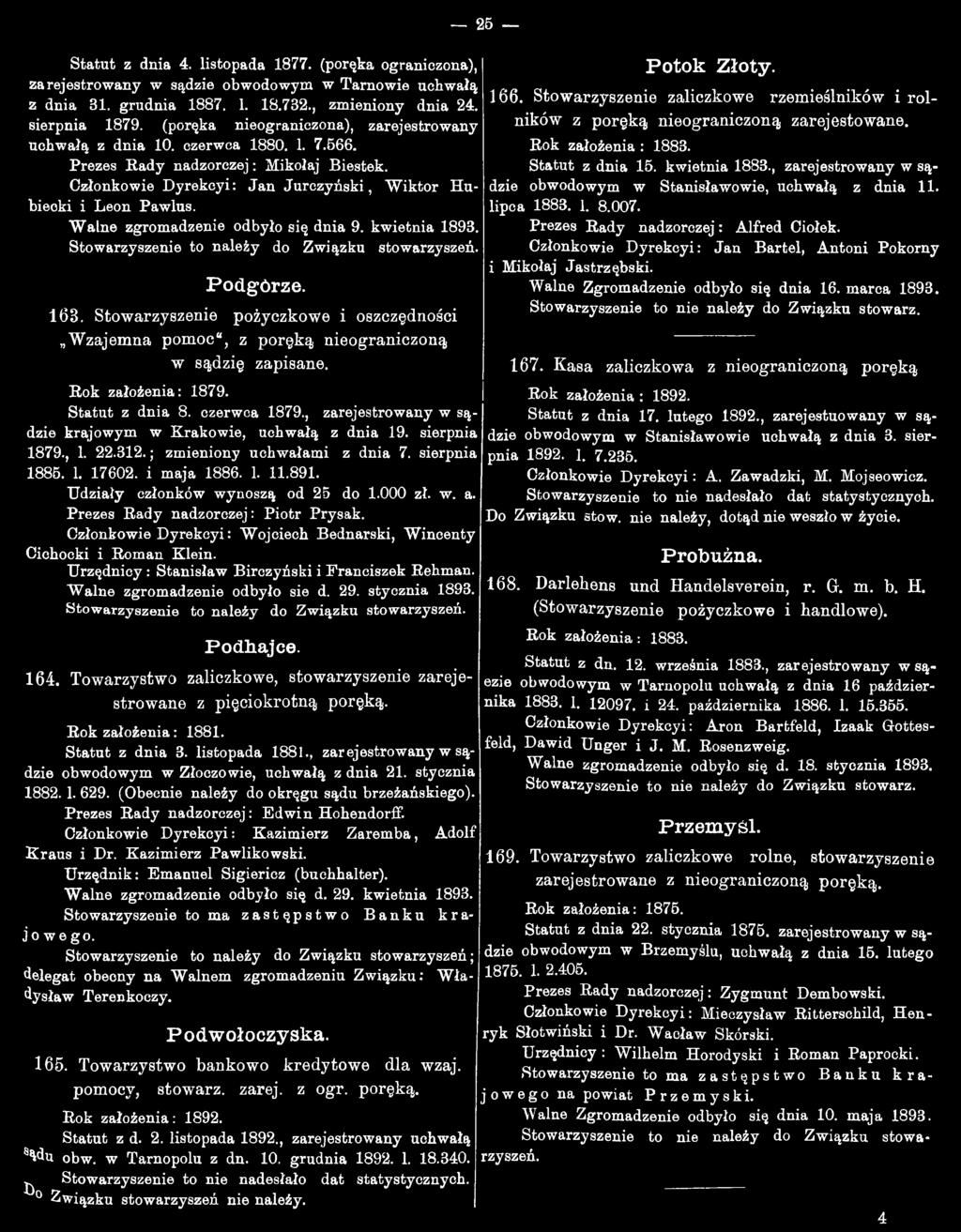 , zarejestrowany w sądzie krajowym w Krakowie, uchwałą z dnia 9. sierpnia 879.,. 22.32.; zmieniony uchwałami z dnia 7. sierpnia 885.. 7602. i maja 886...89. Udziały członków wynoszą od 25 do.000 zł.