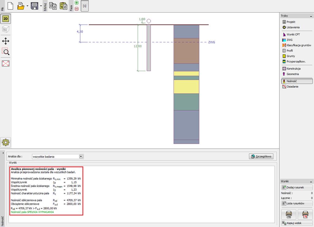 Powrócimy teraz do ramki Nośność, w której przedstawione są wyniki obliczeń. Okno dialogowe Nośność Nośność pionowa pala EN 1997-2: Rc, d 4709.37 kn Fs, d 2800.