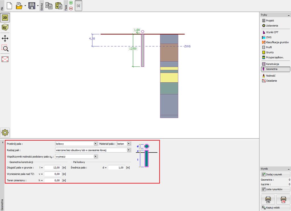 Przejdziemy teraz do ramki Geometria, wprowadzimy materiał oraz przekrój pala, a także podstawowe wymiary, tj. średnicę i zagłębienie pala w gruncie. Następnie określimy technologię wykonania pala.