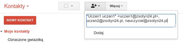 Tworzenie listy kontaktów Tworzenie listy kontaktów rozpoczynamy od kliknięcia na przycisk Poczta i wybraniu opcji Kontakty. Następnie wybieramy ikonę, która dodaje kontakty do grupy moje kontakty.