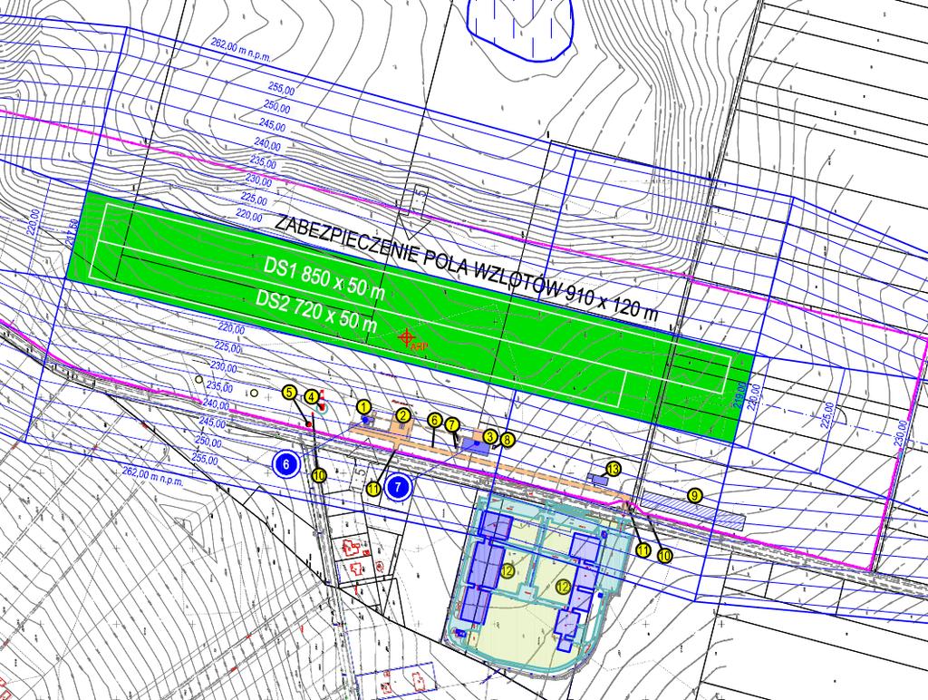 Podstawowym elementem infrastruktury lotniska są 2 równoległe drogi startowe o nawierzchni darniowej: DS1 o wymiarach 850 x 50 m oraz DS2-720 x 50 m i kierunku 013 21 36 /193 21 36 GEO.