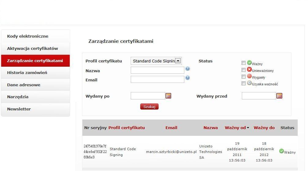Rysunek 37 Profil certyfikatu Standard Code Signing 2.
