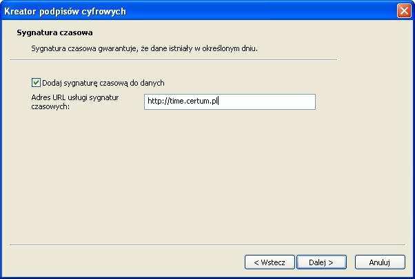 Następnie możemy wskazać publiczny serwer oznaczania wiarygodnym czasem (Timestamp), który dołączy swój znacznik czasu do naszego podpisu. Proponujemy serwis CERTUM: http://time.certum.