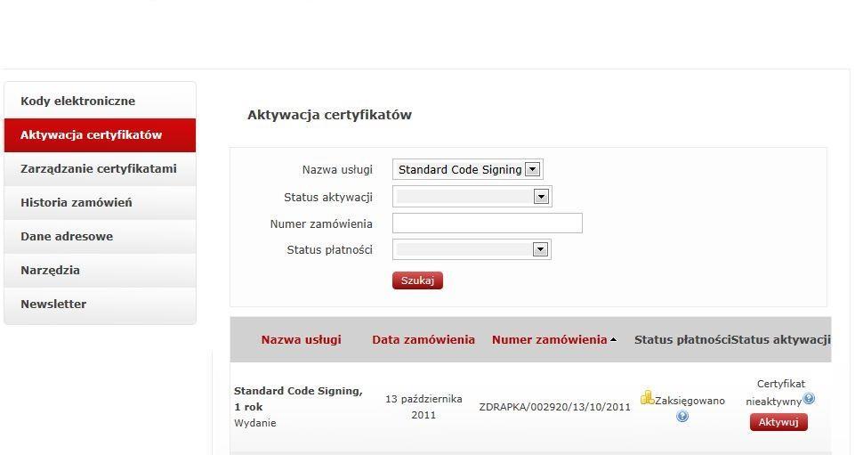 1. Rejestracja certyfikatu Standard Code Signing ( Microsoft Authenticode ) Po zaksięgowaniu wpłaty przez firmę Unizeto Technologies SA otrzymasz e-mail z powiadomieniem o zaksięgowaniu płatności i